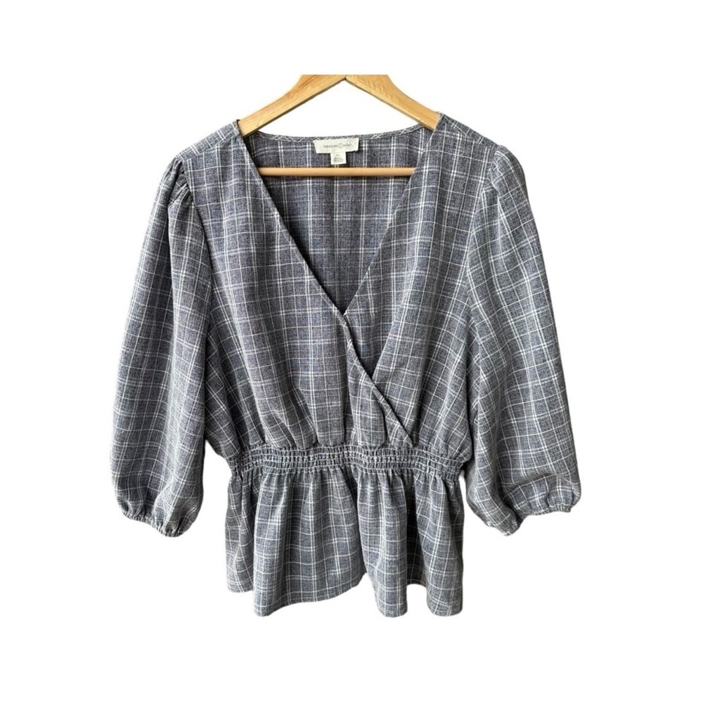 Treasure & Bond Blouse Top Grey Plaid Surplice Peplum Puff Sleeve Preppy Size XL